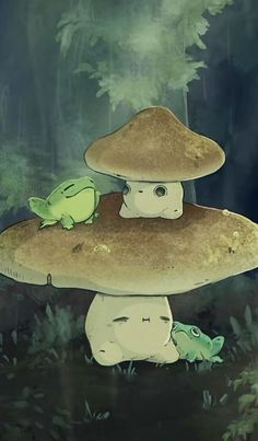 two toadlings sitting on top of mushrooms in the forest under a rain streaked sky