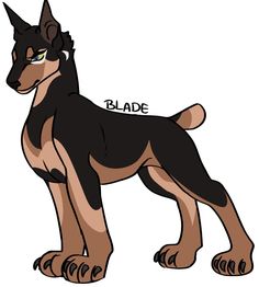 a black and brown dog standing on top of a white background with the word blade written across it