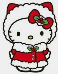 the hello kitty is dressed in red and white with a bow on her head,