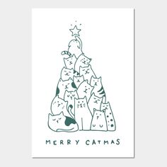 a christmas tree with cats around it and the words merry catmas written in green