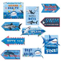 shark signs and stickers are shown in various colors, sizes and shapes for children's room decor