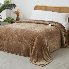 a bed with a brown comforter and pillows on top of it next to a potted plant