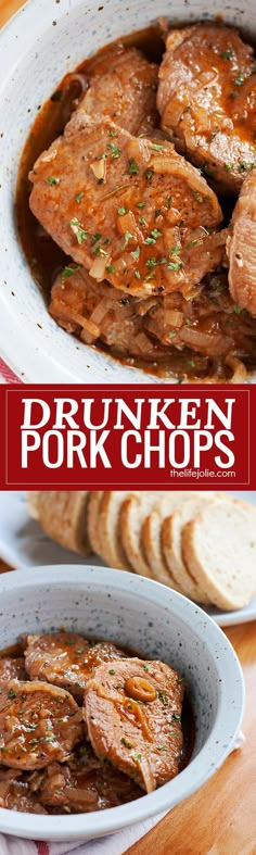 pork chops in a white bowl with garlic bread on the side and text overlay that reads, prunen pork chops