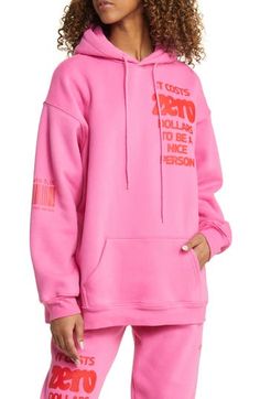 This roomy cotton-blend-fleece hoodie not only cheers you up with its happy pink hue but features graphics that encourage you to be your best self. Drawstring hood Kangaroo pocket Ribbed cuffs and hem Partially lined 50% cotton, 50% polyester Machine wash, line dry Imported Pink Hoodie Sweats With Ribbed Cuffs, Pink Athleisure Sweats With Drawstring Hood, Pink Long Sleeve Sweats With Drawstring Hood, Pink Hooded Sweats With Ribbed Cuffs, Spring Pink Sweats With Drawstring Hood, Casual Pink Sweats With Drawstring Hood, Relaxed Fit Pink Hoodie With Ribbed Cuffs, Pink Relaxed Fit Hooded Sweats, Pink Hoodie With Ribbed Cuffs For Loungewear