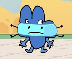 a blue cartoon character with one foot on the ground and two hands in front of his face