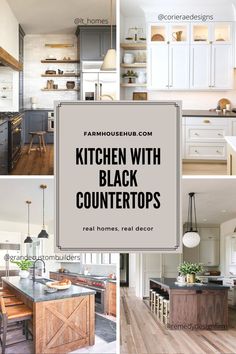 the kitchen with black counters is shown in four different pictures, including an island and cabinets