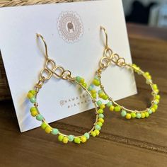 Citrus Wire Wrapped Hoop Earrings Neon Yellow Summer Beach Jewelry, Summer Hoop Earrings With Ear Wire, Spring Yellow Round Jewelry, Yellow Hoop Earrings For Pierced Ears, Handmade Yellow Earrings For Spring, Handmade Neon Yellow Jewelry For Summer, Yellow Round Earrings For Beach, Summer Gift Jewelry In Neon Yellow, Neon Yellow Jewelry For Summer Gift