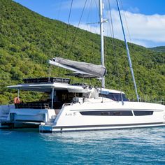 a catamaran sailing in the ocean on a sunny day