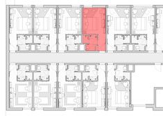 the floor plan for an office building with multiple floors and three levels, including one red area