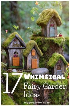 an image of fairy garden houses with moss growing on the roof and trees in the background