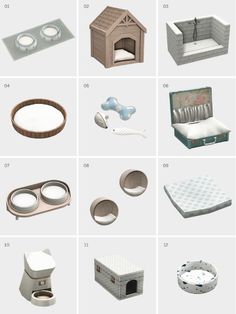 various types of dog houses and beds for small dogs, including one with a cat house