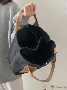 BirdinBag - Canvas Patch Detail Bucket Bag On-the-go Bucket Shoulder Bag With Pockets, Black Canvas Hobo Bag With Pockets, Large Capacity Black Canvas Bag For On-the-go, Black Bucket Bag With Pockets For Daily Use, Casual Large Capacity Box Bag For On-the-go, Large Capacity Black Canvas Pouch Bag, Large Capacity Canvas Pouch Bucket Bag, Bucket Bag With Pockets For Everyday Use, Large Capacity Canvas Bucket Bag