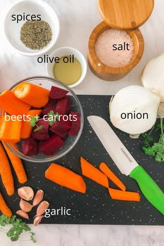 carrots, onions, garlic, and spices on a cutting board with the words how to cut carrots