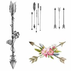 an arrow, flowers and arrows are shown in this drawing kit for the tattoo artist