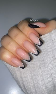 Black And Silver French Tip Nails Coffin, Nail Ideas Acrylic Homecoming, Black Acyrilics Nails Coffin, Nail Inspo For A Black Dress, Black Simple Nails Acrylic, Black Glitter French Tip Nails Coffin, Black Nails Ideas Coffin Short, Nails Acrylic For Black Dress, Black French Tip Nails Coffin Design