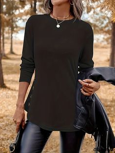 Olivia Mark - Plus Size Casual T-shirt, Women's Plus Solid Button Decor Long Sleeve Round Neck Round Hem Medium Stretch T-shirt Casual Basics, Button Decor, Seasons Winter, Winter Collars, Long Sleeve Casual Dress, Long Sleeve Print Dress, Stylish Plus, Casual T Shirt, T Shirt Women