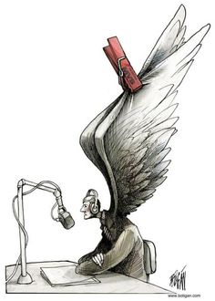 a cartoon drawing of an angel with headphones and a microphone in his hand, on top of a desk