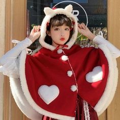 Get ready to purrfect your winter fashion game with our Little Angel Kitty Cat Plush Poncho Cape! 🐱❄️ This red pea coat style poncho is made of soft polyester material and is perfect for women of all sizes. Dress up your winter wardrobe with this must-have accessory, perfect for any occasion. Don't miss out on this incredibly cute and cozy piece! 😻 #PonchoFashion #WinterStyle #KittyLove #CozyFashion #MustHaveAccessory Winter Cape, Woolen Coat Woman, Cape Shawl, Wool Wrap Coat, Fur Cardigan, Style Kawaii, Kawaii Harajuku, Super Kawaii, Woman Style