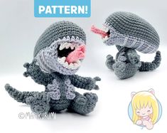 two crocheted stuffed animals with mouths open