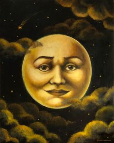 a painting of a smiling moon in the night sky