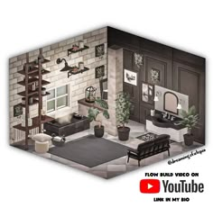 Animal crossing new horizons interior video Acnh Interior Ideas, Acnh 6x6 Room Design, Animal Crossing Bathroom Ideas, Acnh Bathroom Ideas, Animal Crossing Bathroom, Animal Crossing Happy Home Paradise, Monochrome Bathroom, Cozy Gamer