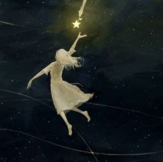 a woman flying through the air holding a star above her head and reaching for it