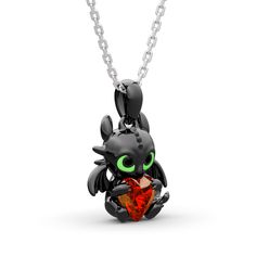 Playful, inquisitive and intelligent, this fictional dragon is indisputably special. Beautifully handcrafted in sterling silver, this necklace in Hug Me® collection features a brilliant heart cut stone hugged by a dragon, which is designed to be so lovely and super-cute. His 3D wings, ears and bright green eyes are captured in amazing detail as he on your neck. You will find more adorable and creative designs in our Hug Me® collection.Carat Weight: 1.4 ctStone Size: 6*6 mmStone Type: Jeulia® Sto Dragon Design Round Pendant Necklace As A Gift, Dragon Design Round Pendant Necklace For Gift, Unique Dragon Design Jewelry Gift, Black Jewelry With Dragon Design For Gift, Black Dragon Design Jewelry Gift, Black Fantasy Necklace For Gift, Elegant Dragon Design Necklace As A Gift, Silver Dragon Design Jewelry Gift, Elegant Dragon Design Necklace As Gift