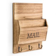 a wooden wall mounted mail holder with two hooks and the word mail written on it