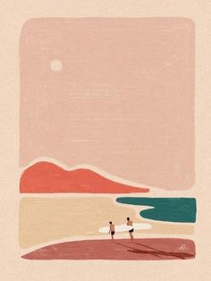 two people are standing on the beach in front of an orange and pink sky with mountains