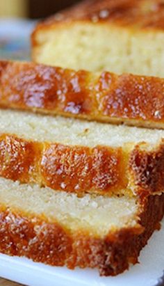 slices of pound cake sitting on top of a white plate