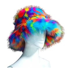 Rainbow Fuzzy Bucket Hat Dancing To Music, Fuzzy Bucket Hat, Fur Bucket, Faux Fur Bucket Hat, Fur Bucket Hat, Faux Fur Hat, Rainbow Fashion, Rave Outfit, Rainbow Swirl