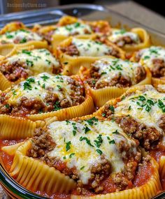 a casserole dish filled with meat and cheese