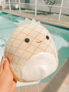 a person holding a stuffed animal in front of a swimming pool