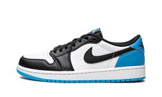 The Women’s Air Jordan 1 Low OG “UNC” is a women’s-exclusive release that remixes the model’s original colorway inspired by the North Carolina Tar Heels’ team uniform colors.  Based on the Jordan 1 “UNC” from 1985, the “UNC” Women’s Jordan 1 Low OG switches up the original’s color block with black leather overlays on the toe, forefoot, and eyelets.  A black leather Swoosh can be found on either side.  Both the perforated toe and mid-panel are designed in white leather.  Dark Powder Blue leather appears on the heel.  A black “Wings” logo is found on the back of the shoe, and blue “Nike Air” branding is located on the black nylon tongue tag.  Underfoot, a white rubber midsole and Dark Powder Blue outsole complete the look. Air Jordan 1 Low Women, Unc Shoes, Jordan 1 Mid Women, Womens Air Jordan 1, Womens Air Jordan, Jordan 1 Unc, Gymnastics Shoes, Top Basketball Shoes, Buy Jordans