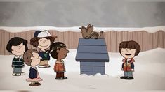 a group of cartoon characters standing in the snow