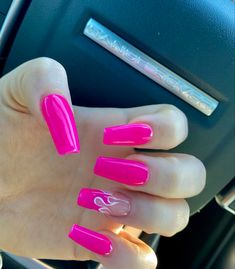 Trend flame nails! Pink acrylic coffin style Pink Flame Nails Acrylic, Trending Summer Nails Pink, Hot Pink Flame Nails, Flame Nails Pink, Pink Acrylic Coffin, Pink Flame Nails, Nails Pink Acrylic, Nail Designs Acrylic, Nails Inspiration Pink