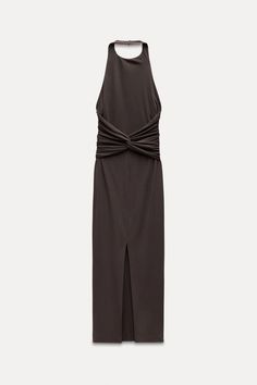 OPEN BACK HALTER DRESS - Dark brown | ZARA United States Sleeveless Halter Dress With Side Slits For Night Out, Chic Backless Halter Dress With Side Slits, Chic Stretch Maxi Length Halter Dress, Halter Neck Dress With Side Slits For Date Night, Chic Stretch Halter Maxi Dress, Date Night Halter Dress With Side Slits, Fitted Sleeveless Halter Dress With Side Slits, Chic High Neck Midi Dress By Zara, Fitted Halter Dress With Side Slits For Date Night