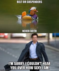 a man walking in the water next to a duck