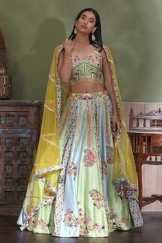 Shop stunning pastel green embroidered lehenga online in USA with yellow dupatta. Look your best at weddings and parties in Indian dresses, designer lehengas, Anarkali suits, designer gowns, salwar suits, sharara suits from Pure Elegance Indian fashion store in USA.-full view Suits Sharara, Yellow Dupatta, Anarkali Suits Designer, Sharara Suits, Designer Lehengas, Lehenga Online, Embroidered Lehenga, Pure Elegance, Fashion Journals