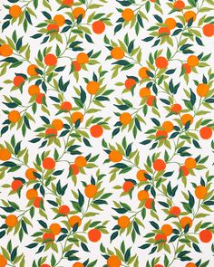 an orange tree with green leaves and red berries on a white background seamless wallpaper