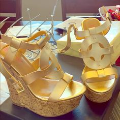 Comfy Gold Wedges, Brand New Never Been Worn But Scratches As Shown In The Pic Red Wedge Heels, Heels Ideas, Yellow Pumps, Trendy Heels, Gold Wedges, Cute Shoes Heels, Wedges Sandals, Just Fab Shoes, Fresh Shoes