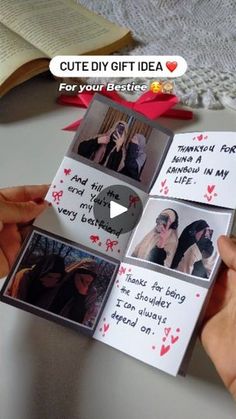 someone is holding an open book with pictures on it and the words cute diy gift idea for your bestie