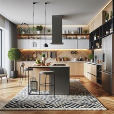 a kitchen with wooden floors and white walls