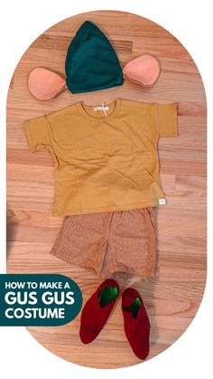 a child's outfit and shoes on a wooden floor with the words how to make a wigs plus costume