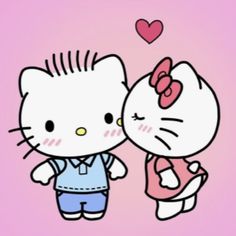 hello kitty kissing her friend on the cheek in front of a pink background with hearts