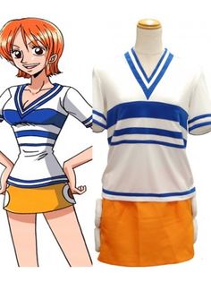 an orange and white uniform with blue stripes on the chest is next to a mannequin