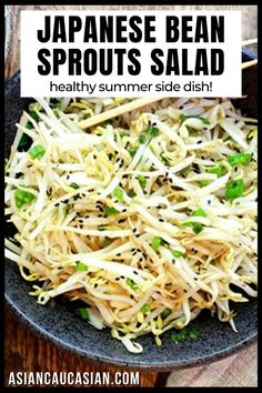 japanese bean sprouts salad in a black bowl with text overlay that reads, japanese bean sprouts salad healthy summer side dish