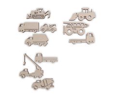 the cut outs are showing different types of trucks and construction vehicles in various shapes, sizes and colors