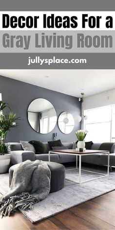 a living room with grey walls and furniture in the middle, text overlay reads decor ideas for a gray living room