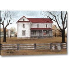 a painting of a white house on a wooden fence